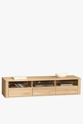 Tömör tölgyfa TV szekrény 178 cm széles, 3 fiókos, nyitott polcos